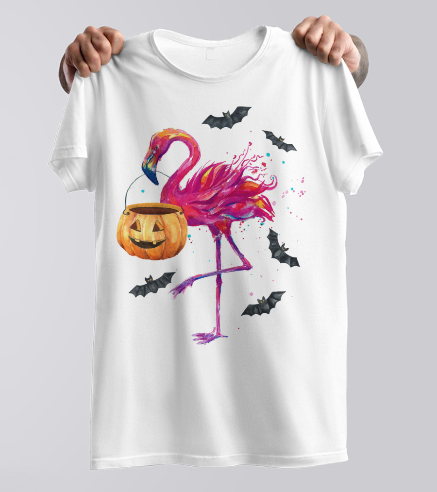 Flamingo With Halloween Pumpkin And Flying Bats T-Shirt