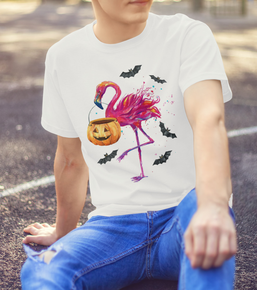 Flamingo With Halloween Pumpkin And Flying Bats T-Shirt
