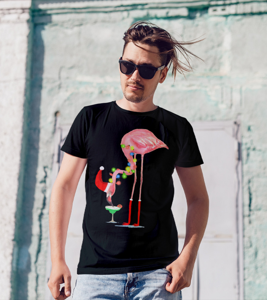 Flamingo Christmas Cocktail Santa Hat And Lights T-Shirt