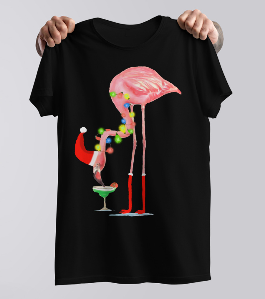 Flamingo Christmas Cocktail Santa Hat And Lights T-Shirt
