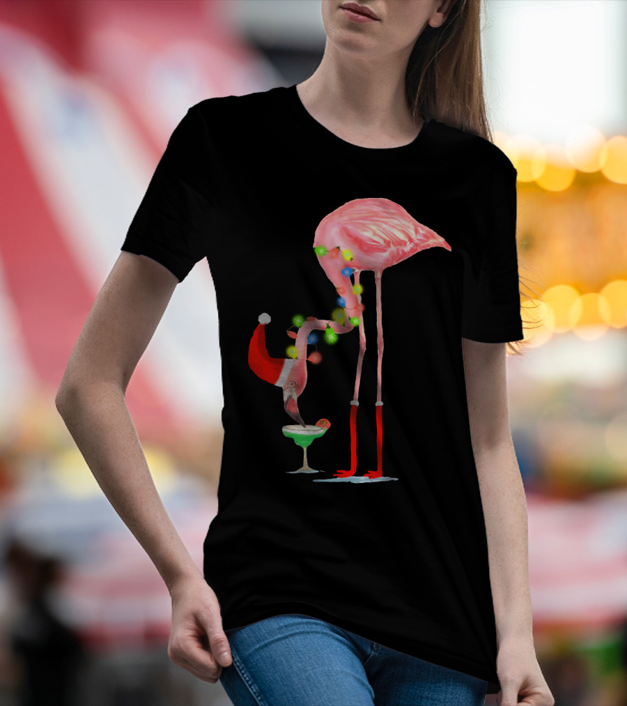 Flamingo Christmas Cocktail Santa Hat And Lights T-Shirt