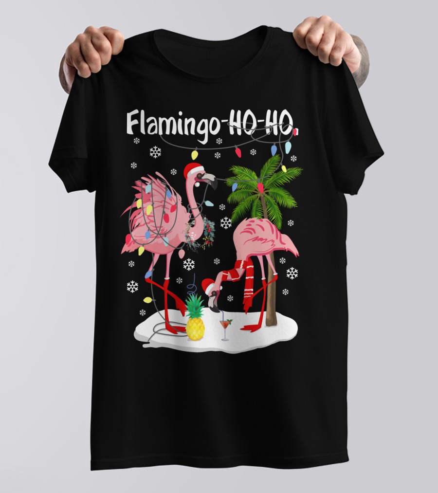 Flamingo HO-HO Christmas Lights And Snowflakes Holiday Scene T-Shirt