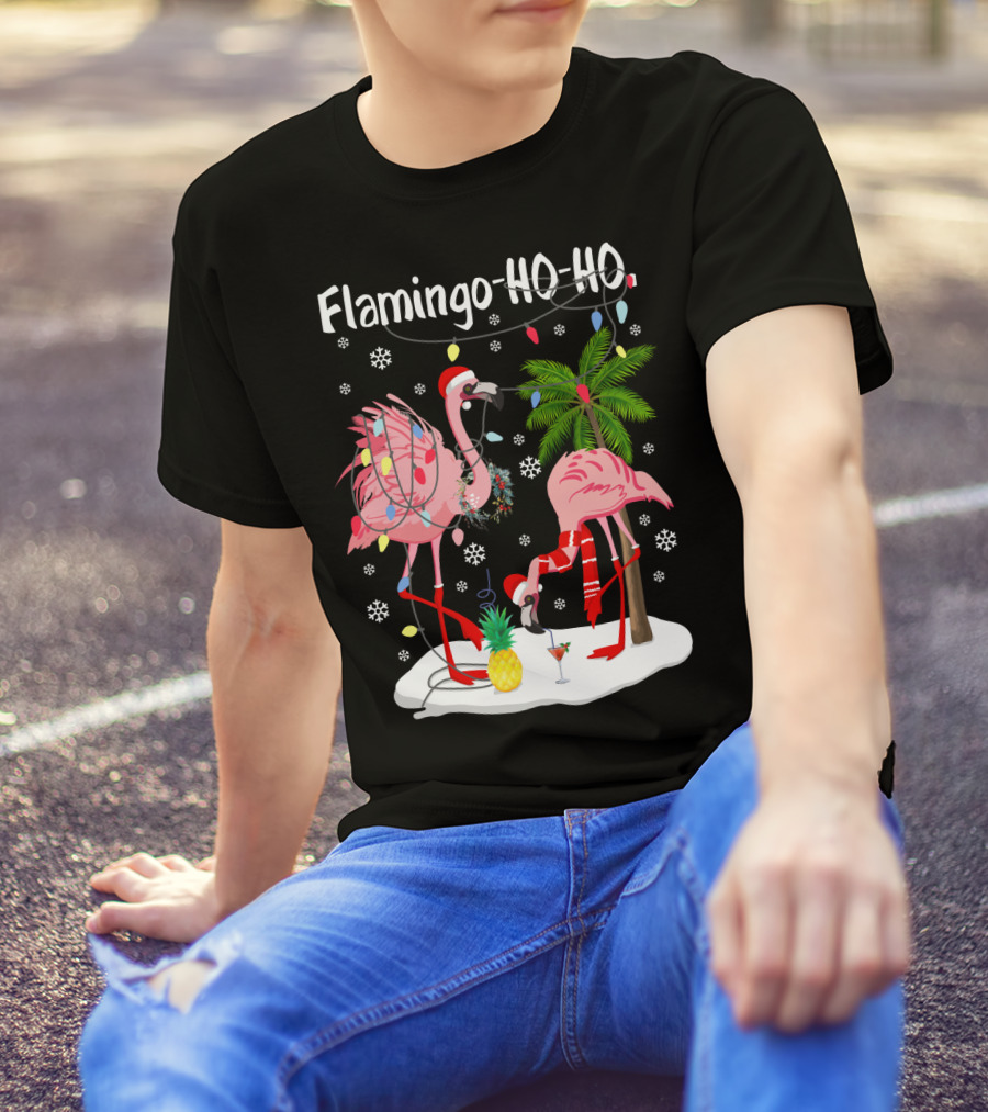 Flamingo HO-HO Christmas Lights And Snowflakes Holiday Scene T-Shirt