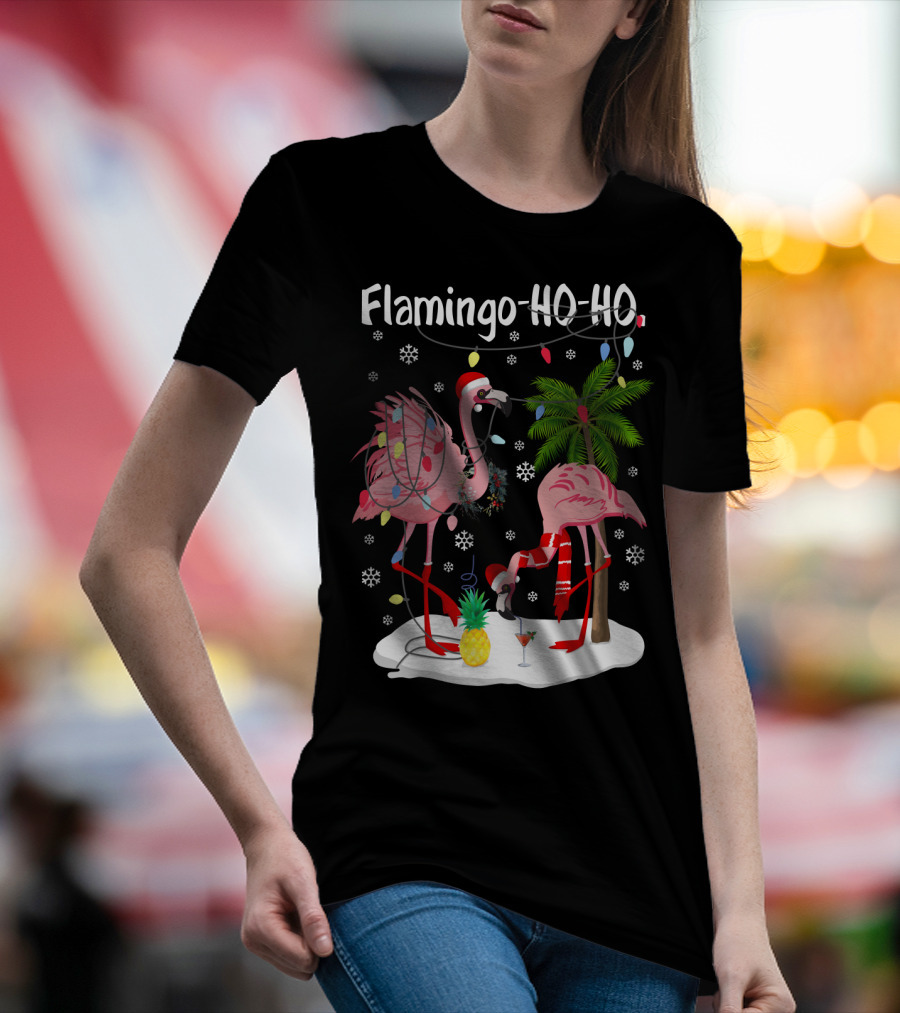 Flamingo HO-HO Christmas Lights And Snowflakes Holiday Scene T-Shirt
