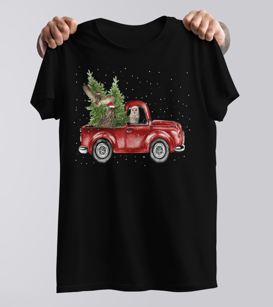 Owl Christmas Red Truck With Santa Hats And Tree T-Shirt
