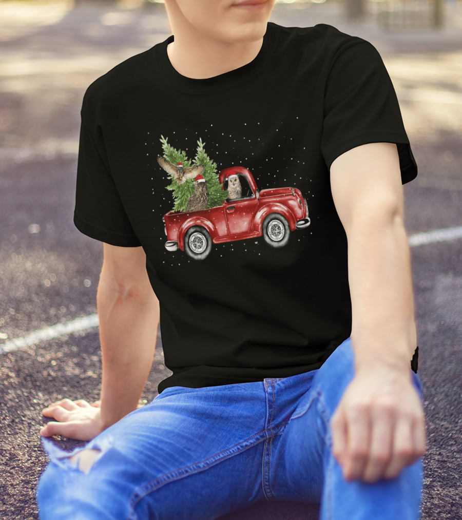 Owl Christmas Red Truck With Santa Hats And Tree T-Shirt