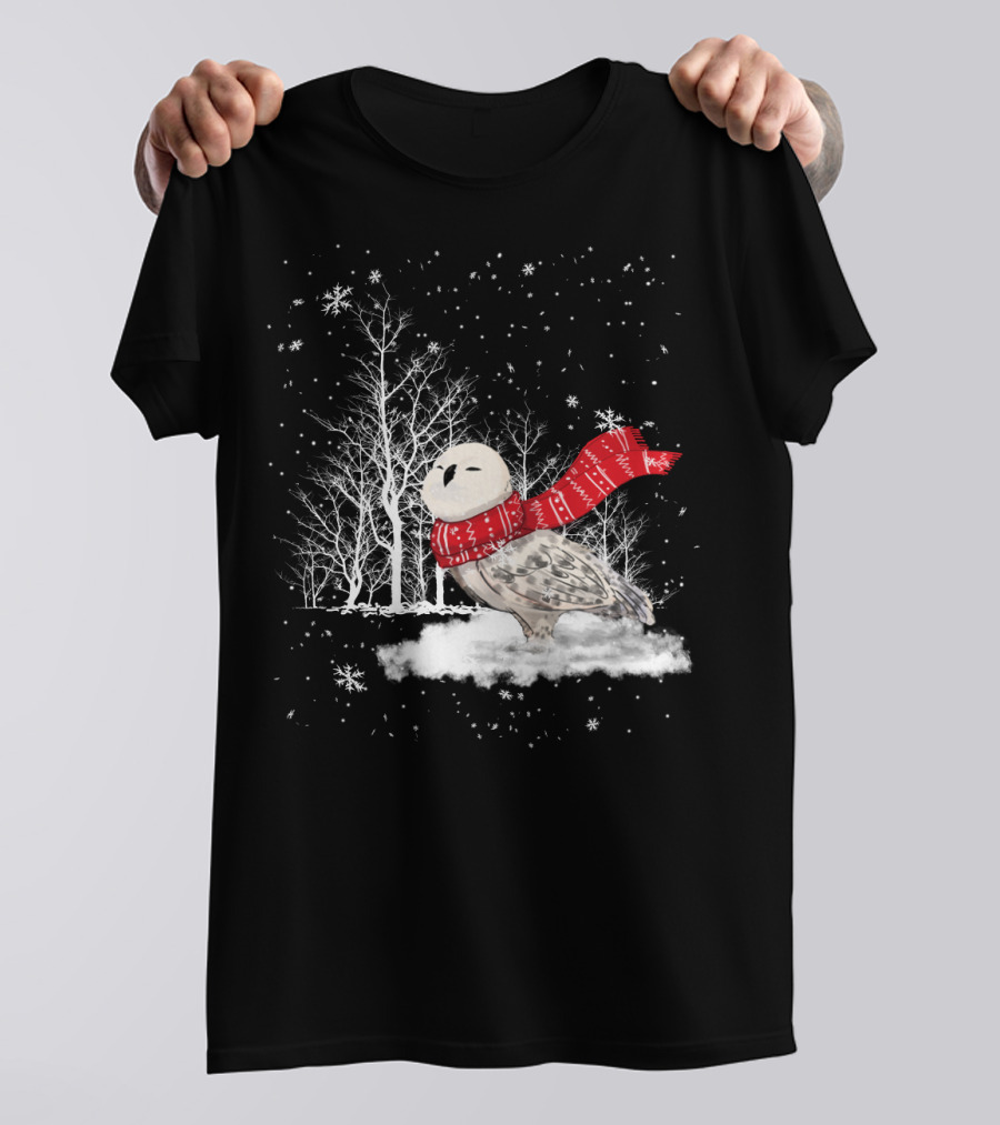 Snowy Owl Red Scarf Winter Scene T-Shirt