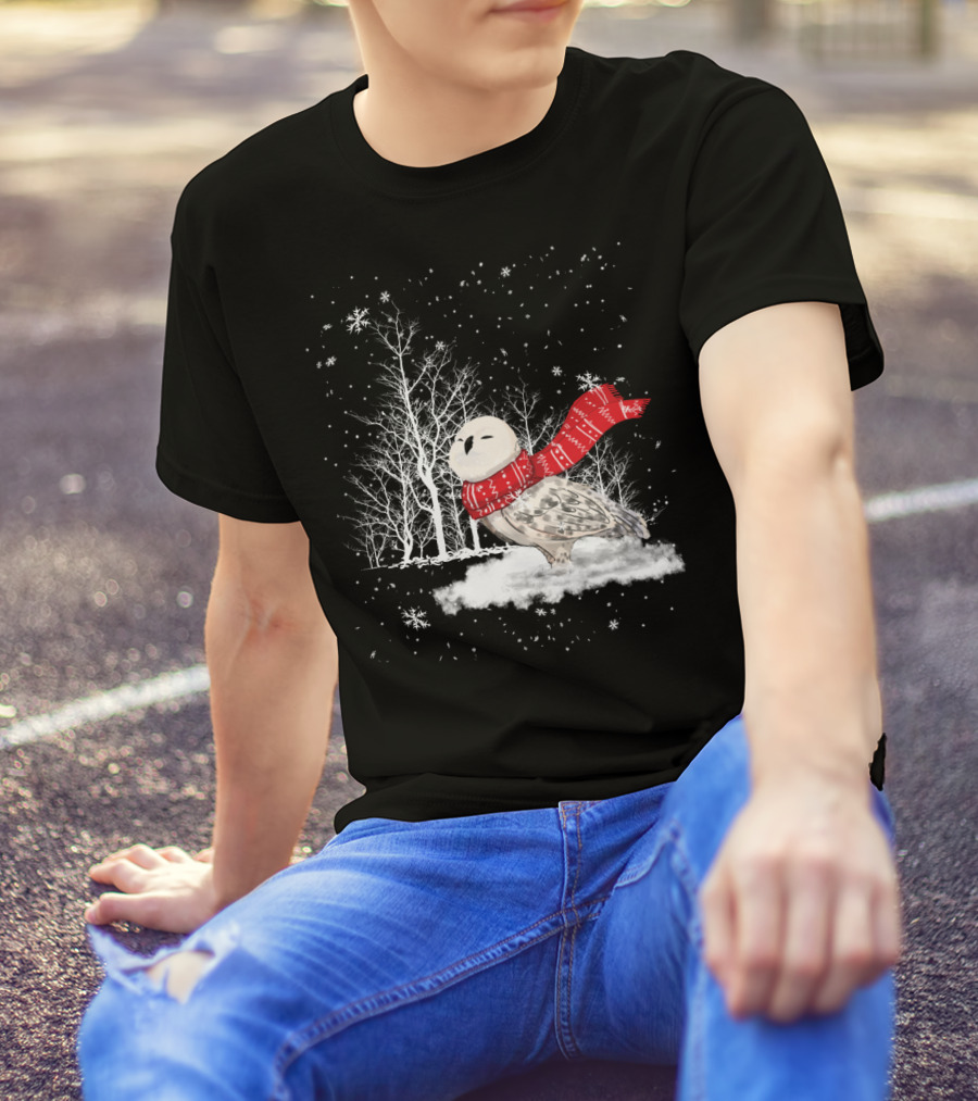 Snowy Owl Red Scarf Winter Scene T-Shirt