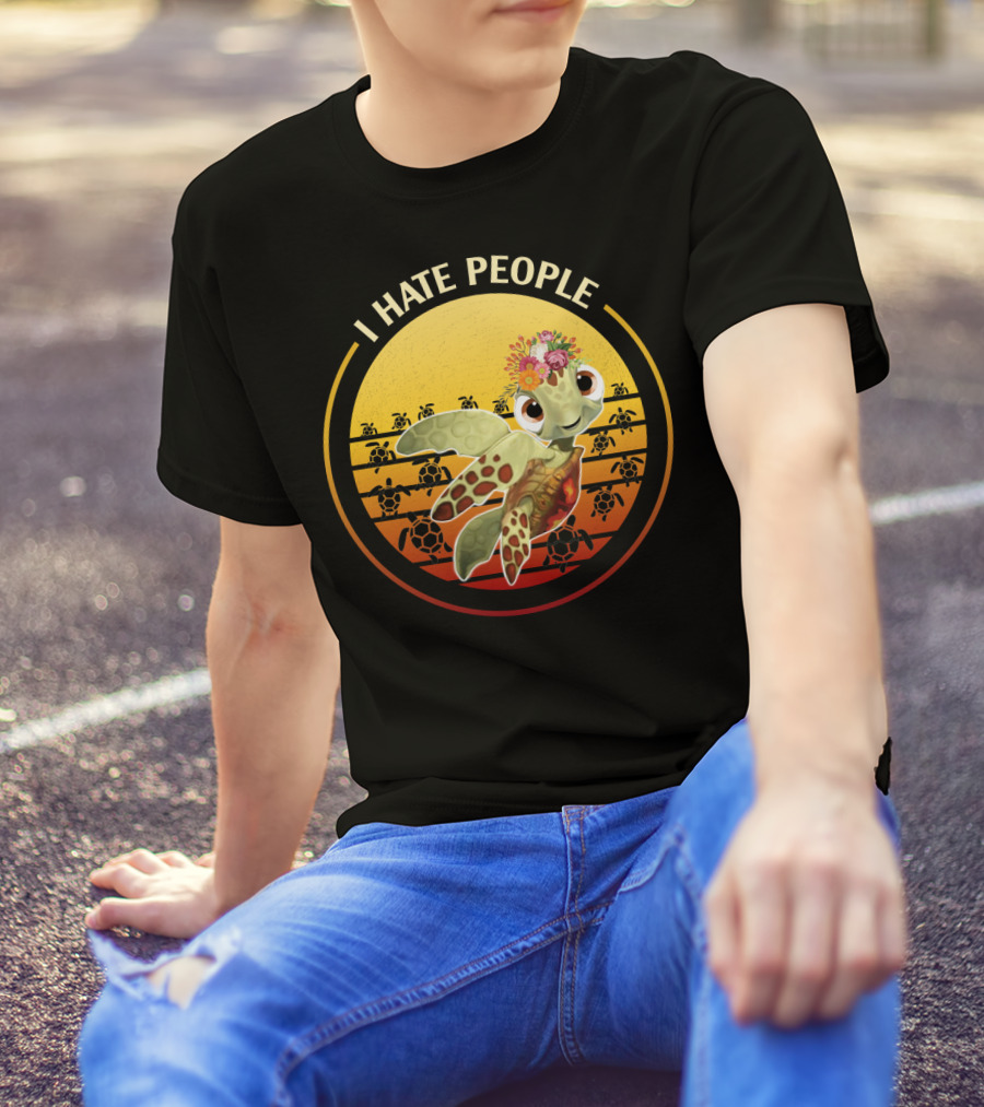 I Hate People Flower Turtle Retro Sunset T-Shirt
