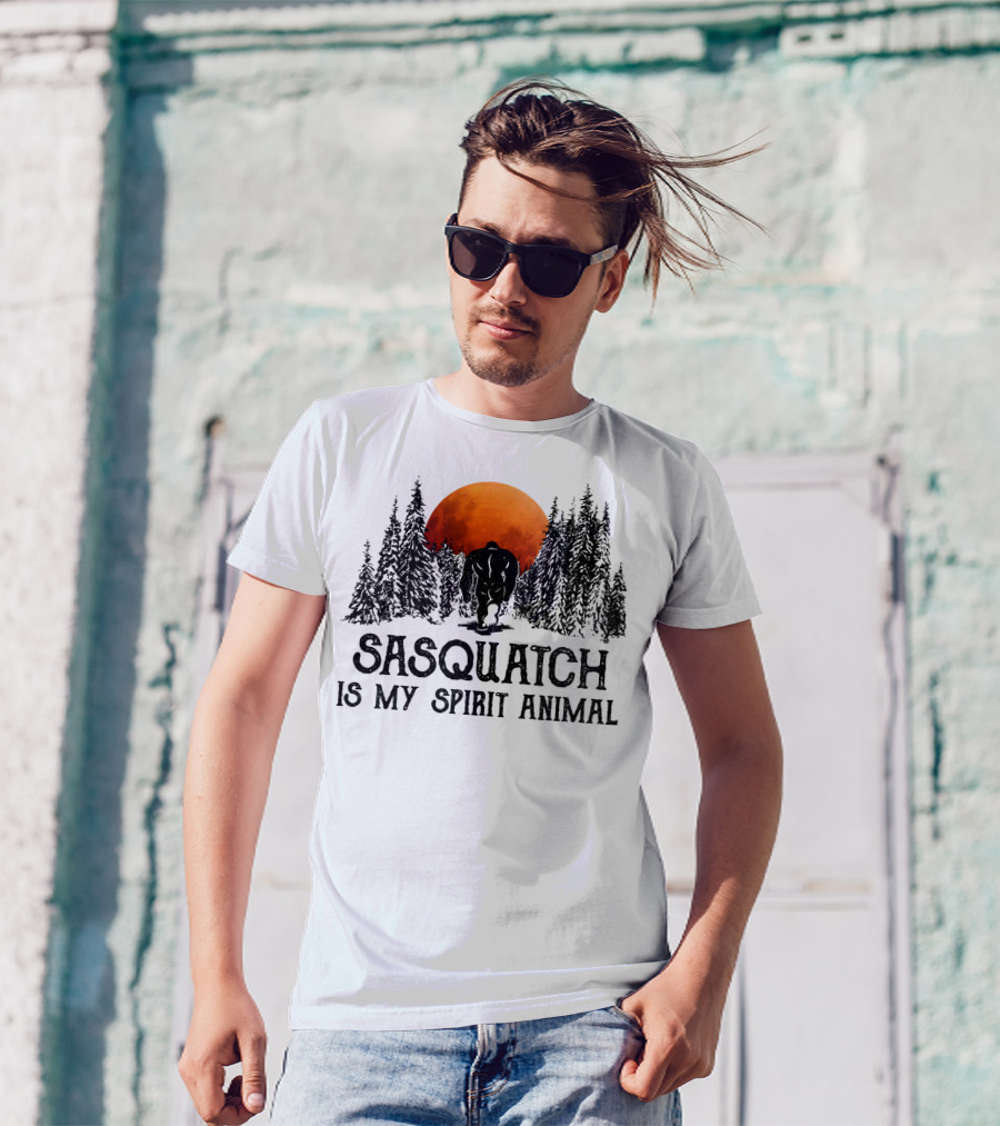 Sasquatch Is My Spirit Animal Forest Silhouette With Orange Moon T-Shirt