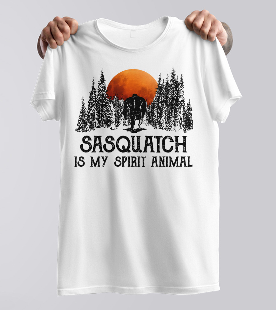 Sasquatch Is My Spirit Animal Forest Silhouette With Orange Moon T-Shirt