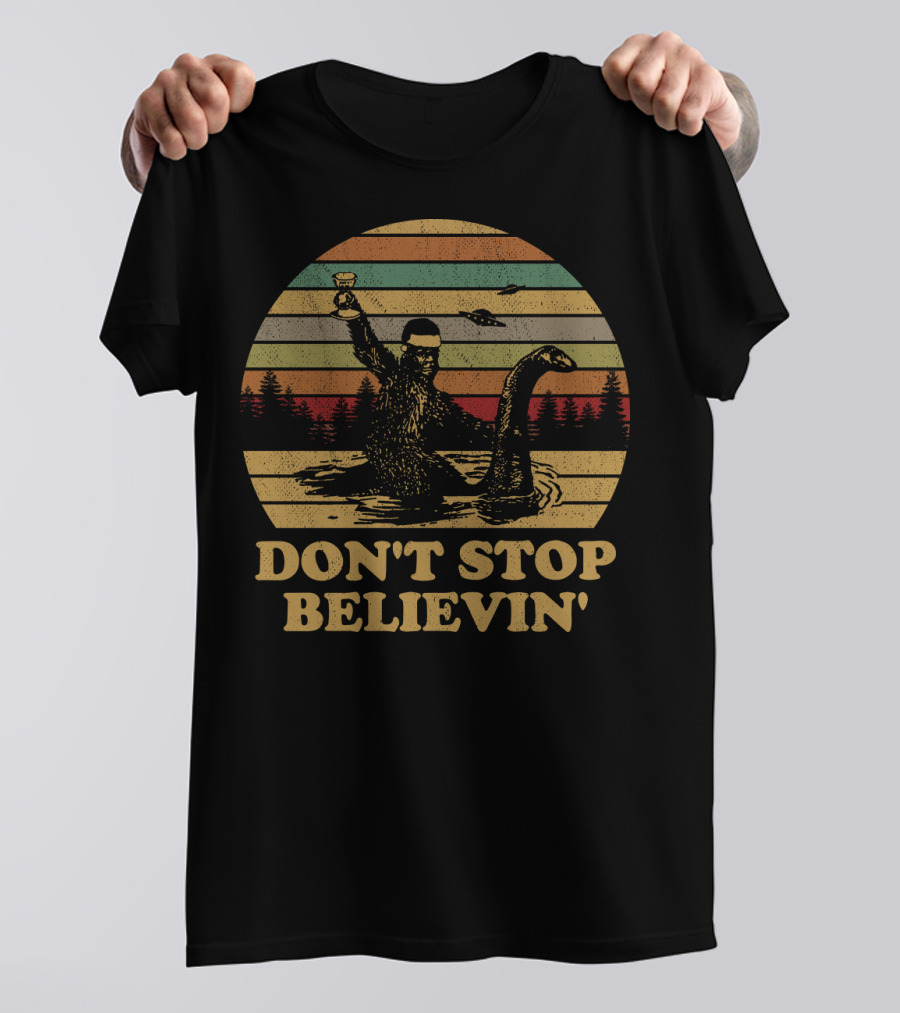 Don't Stop Believin' Bigfoot Loch Ness Vintage Sunset Retro T-Shirt
