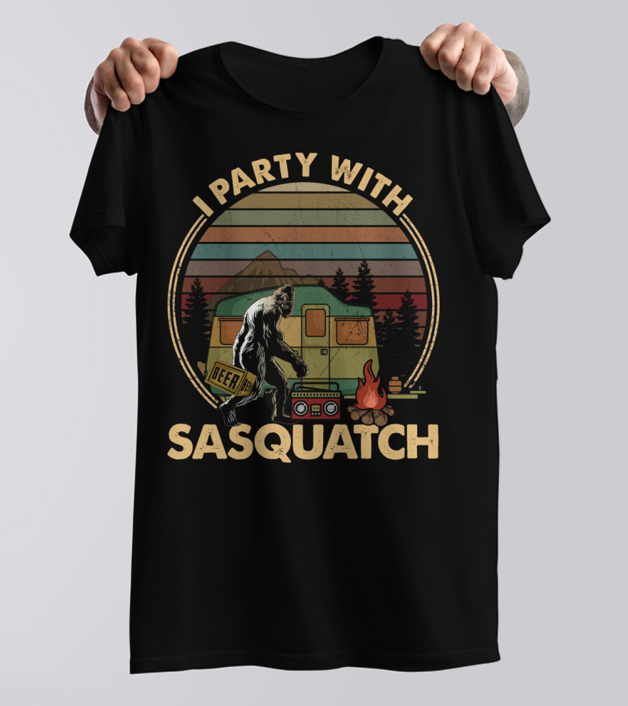 I Party With Sasquatch Beer Campfire Retro Camper Boombox T-Shirt