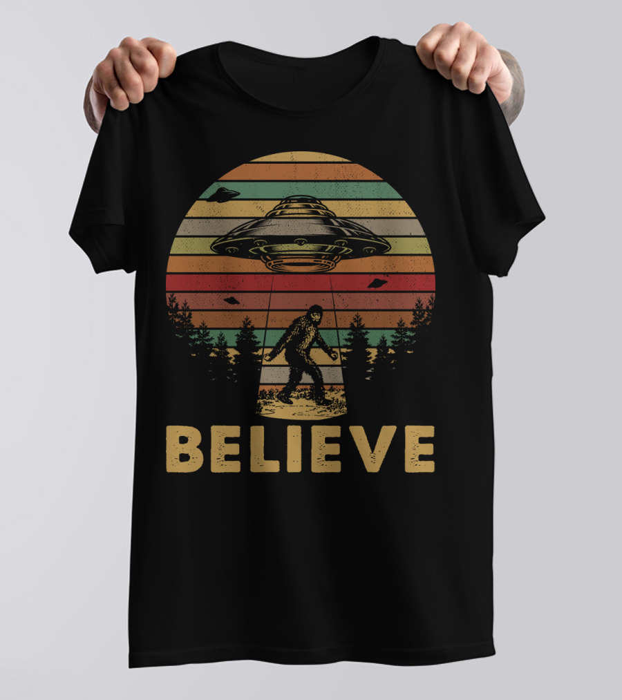 Believe Bigfoot UFO Vintage Stripes Forest Retro T-Shirt
