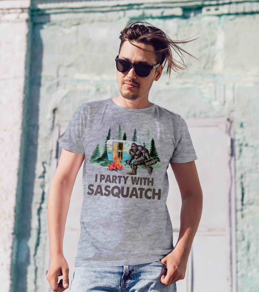 Beer I Party With Sasquatch Camper Fire Forest Scene T-Shirt