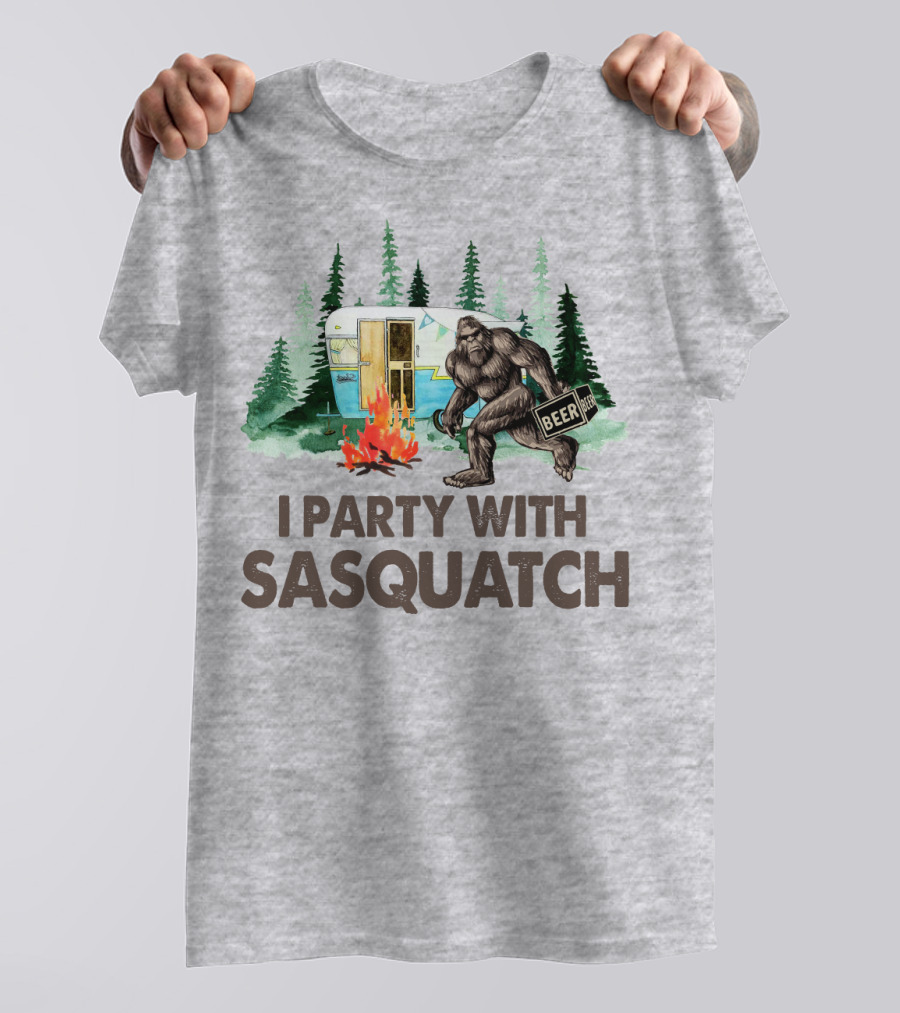 Beer I Party With Sasquatch Camper Fire Forest Scene T-Shirt