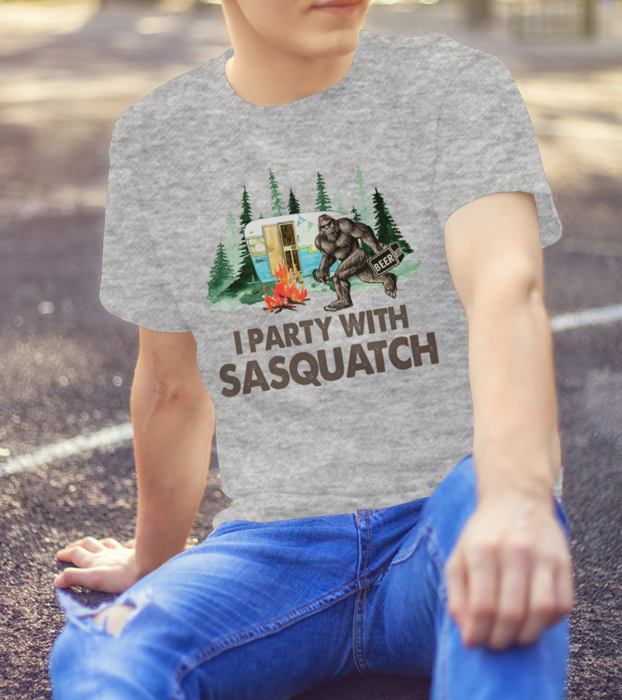 Beer I Party With Sasquatch Camper Fire Forest Scene T-Shirt