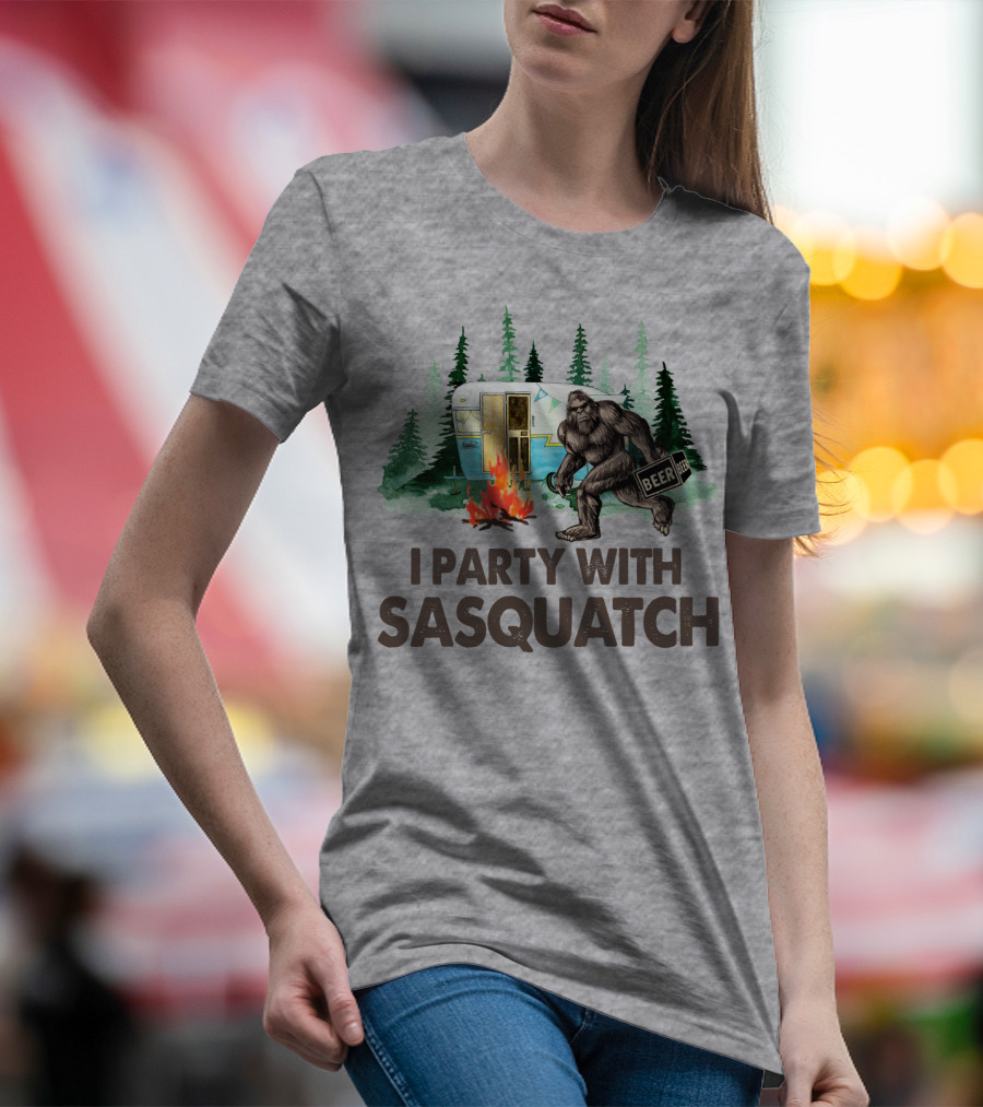 Beer I Party With Sasquatch Camper Fire Forest Scene T-Shirt