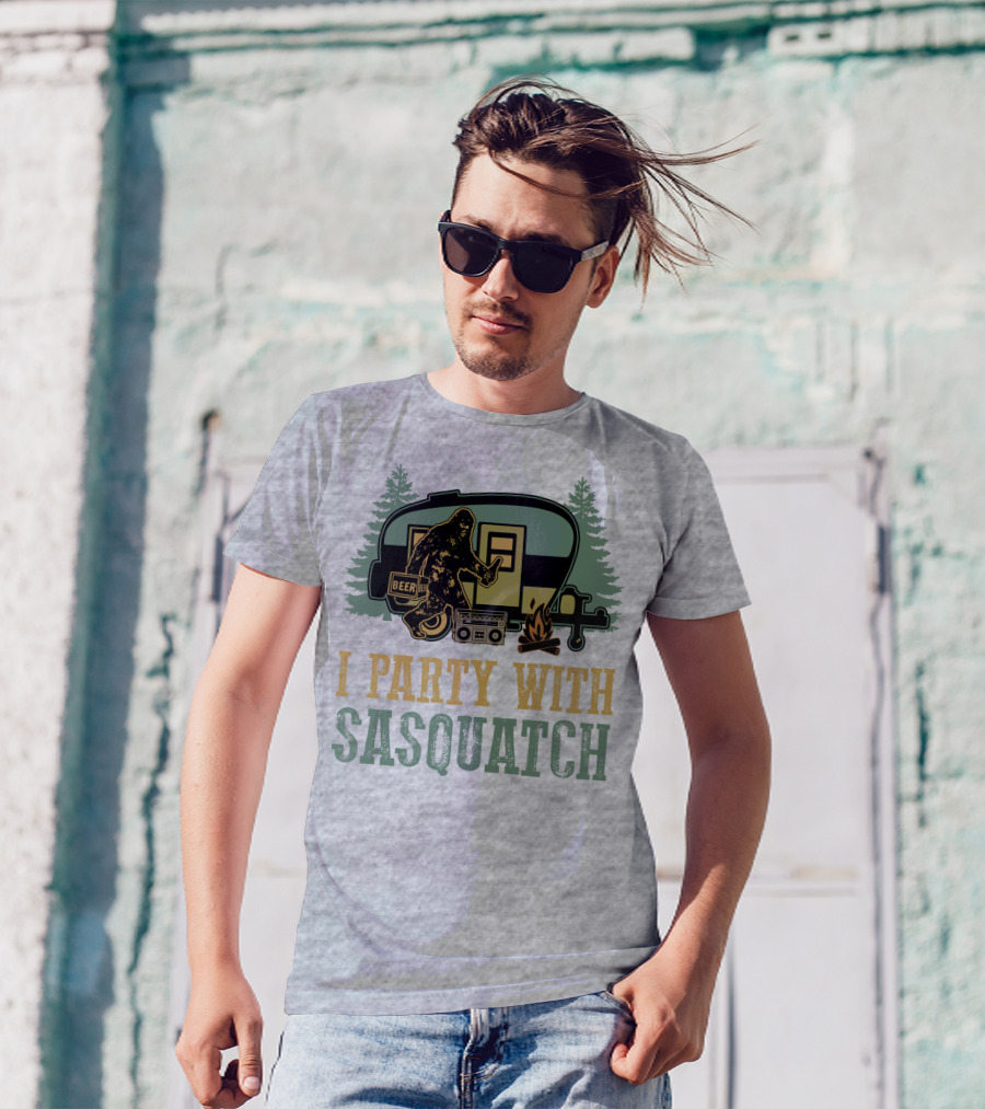 I Party With Sasquatch Beer Campfire Boombox Trailer Adventure T-Shirt