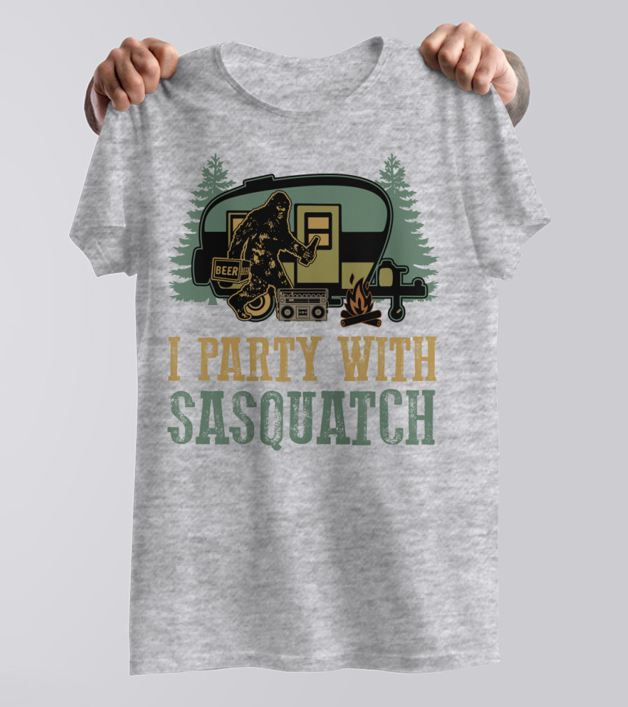 I Party With Sasquatch Beer Campfire Boombox Trailer Adventure T-Shirt