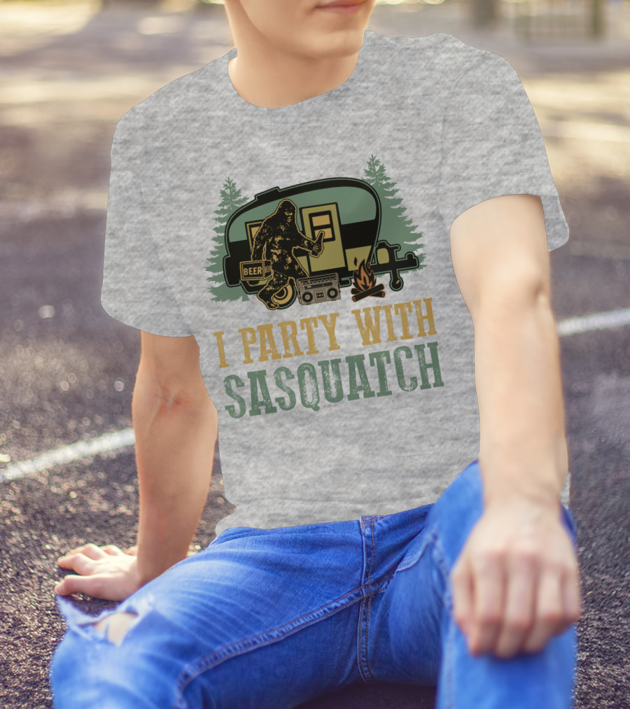 I Party With Sasquatch Beer Campfire Boombox Trailer Adventure T-Shirt