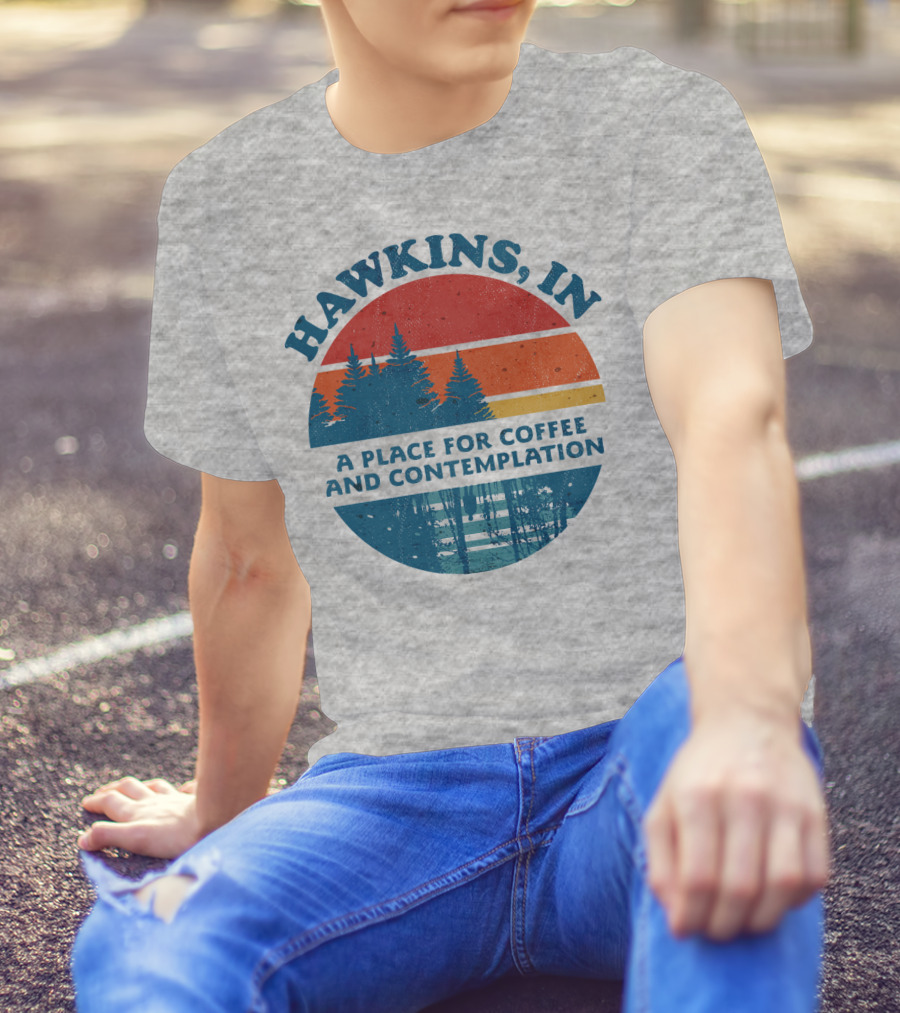 HAWKINS, IN A Place For Coffee And Contemplation Vintage Forest Sunset Circle T-Shirt