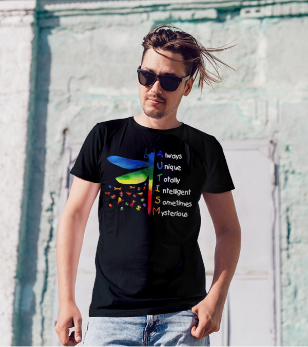 Always Unique Totally Intelligent Sometimes Mysterious Dragonfly Puzzle Pieces Autism T-Shirt