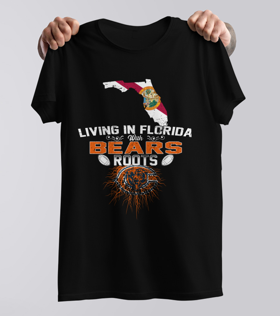 Living In Florida With Bears Roots Flag Map Football T-Shirt