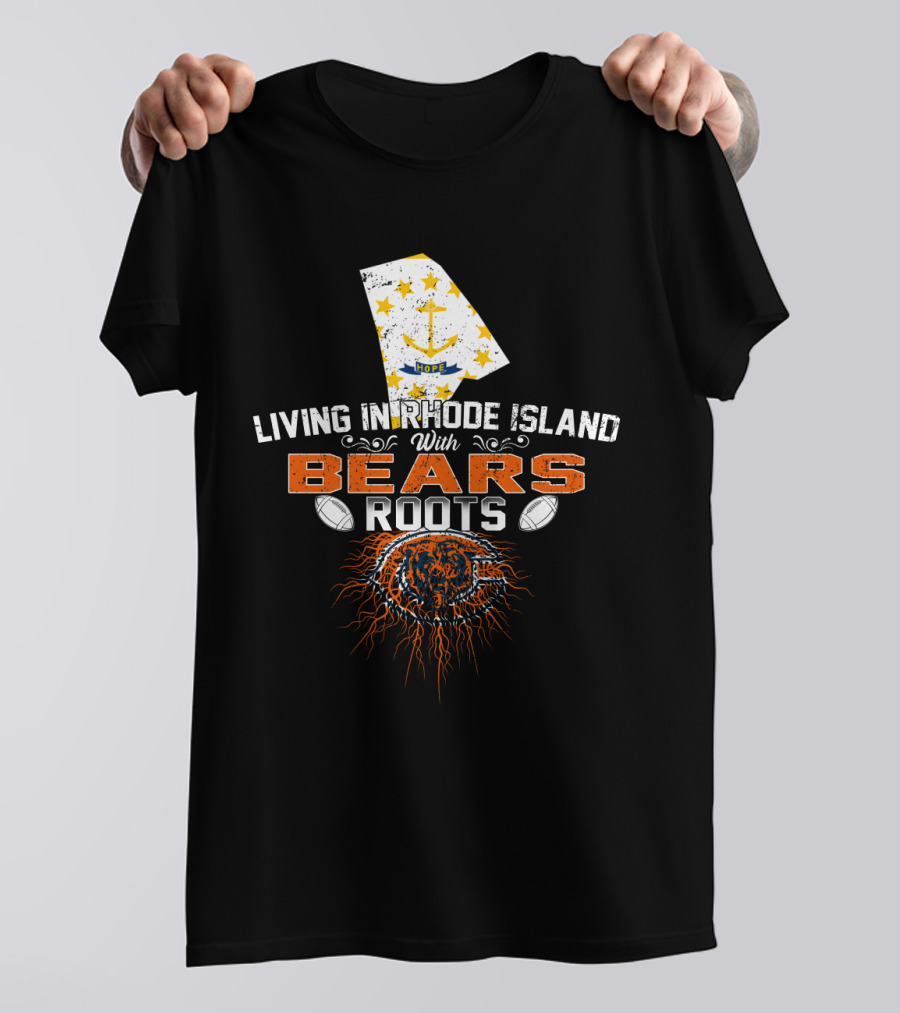 Living In Rhode Island With Bears Roots Football Anchor And Stars Map T-Shirt