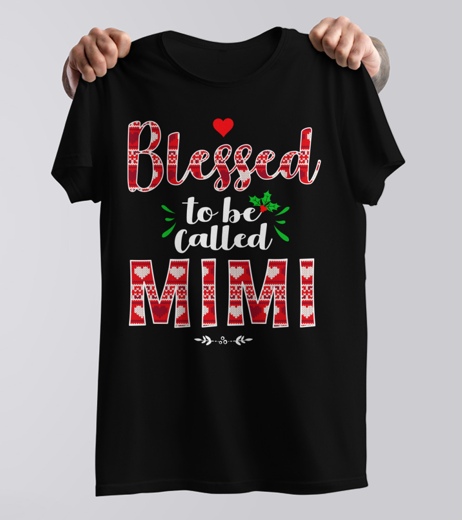 Blessed To Be Called Mimi Holiday Knit Pattern Heart And Holly T-Shirt