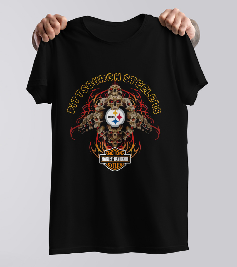 Pittsburgh Steelers Harley Davidson Motorcycle Skulls T-Shirt