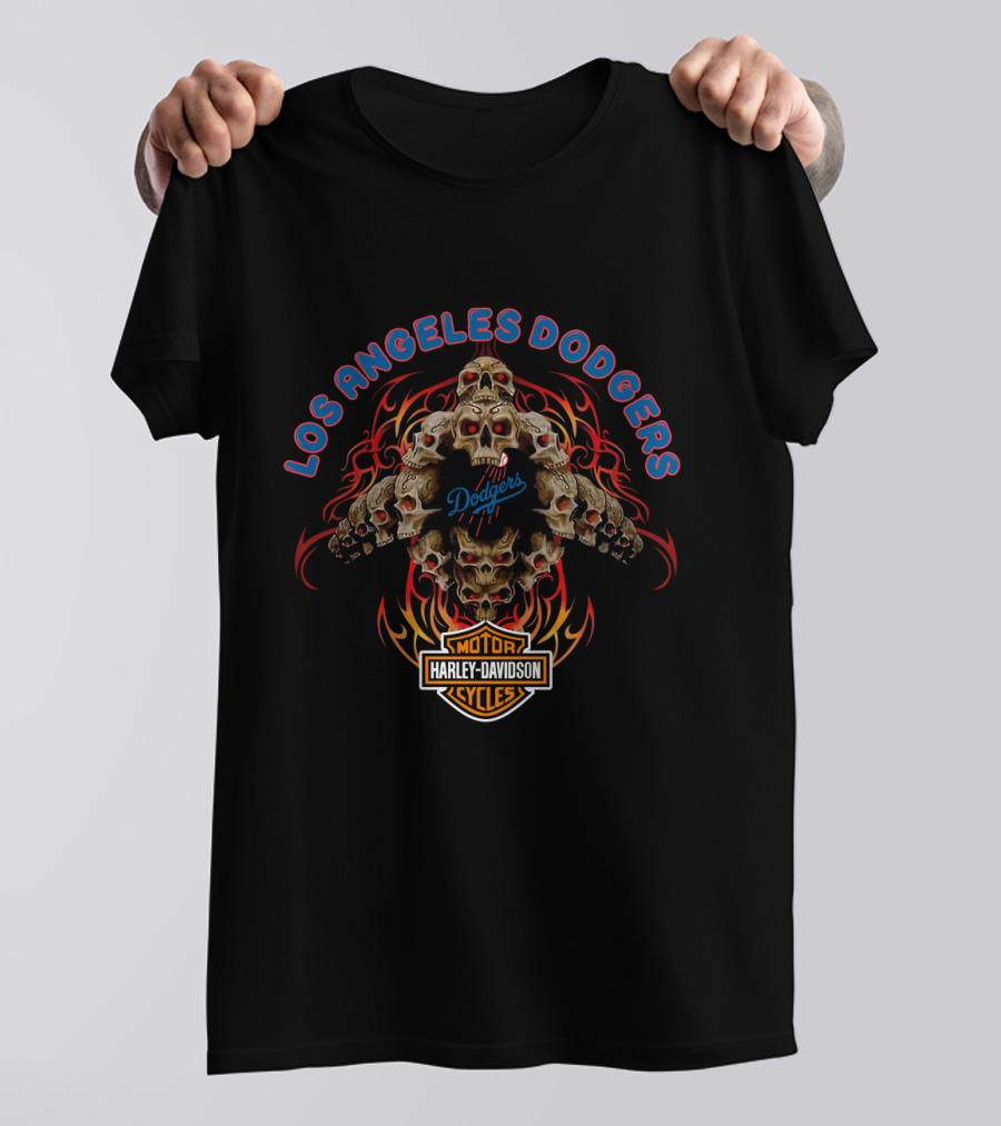 Los Angeles Dodgers Harley Davidson Skull Flame Motorcycle T-Shirt