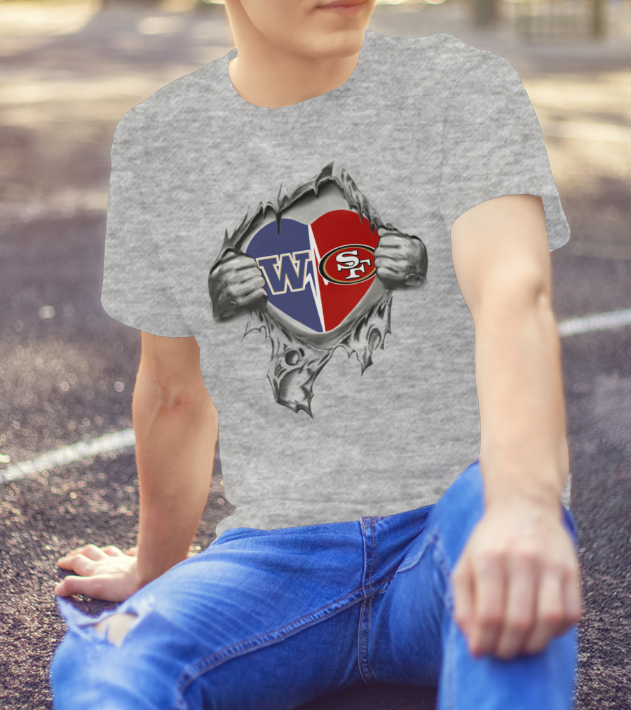 W Huskies SF 49ers Ripped Heart Logo Fusion T-Shirt