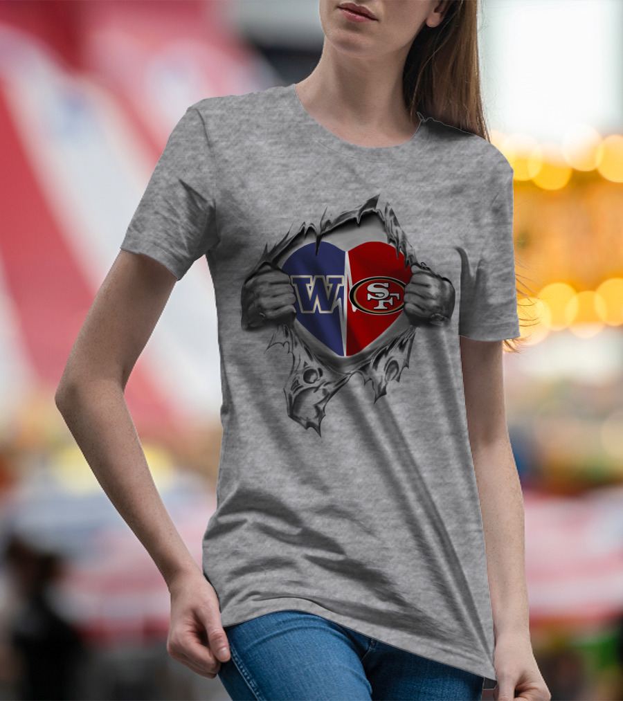W Huskies SF 49ers Ripped Heart Logo Fusion T-Shirt