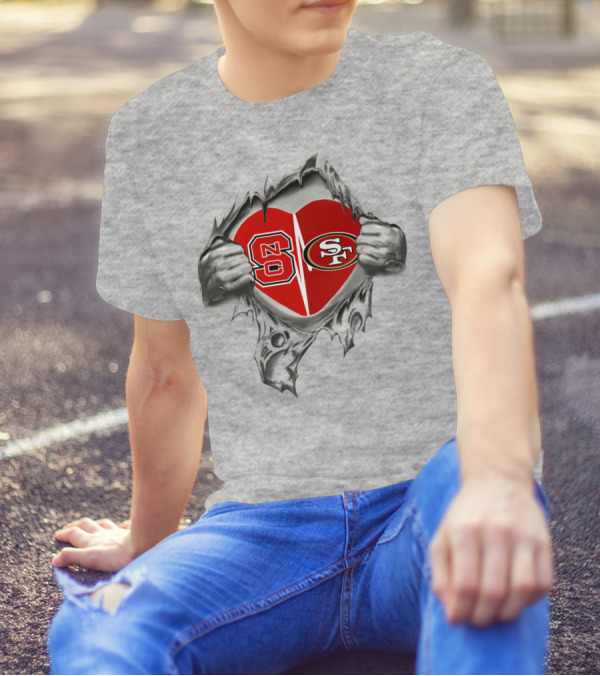 49Ers NC State Heart Symbol With Torn Fabric T-Shirt