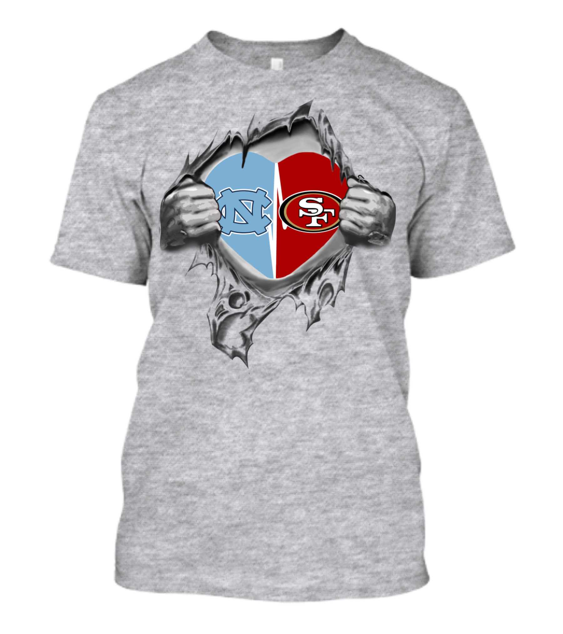 49Ers Tar Heels San Francisco UNC Heart Torn Fabric T-Shirt