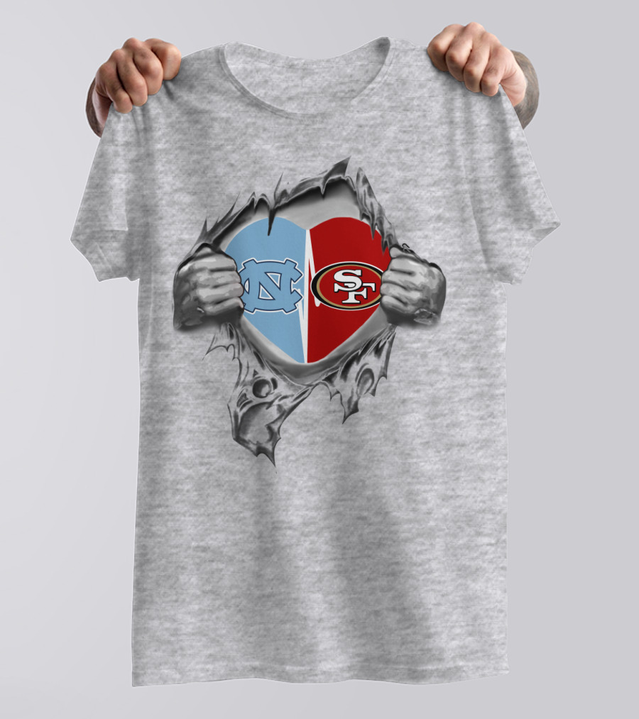 49Ers Tar Heels San Francisco UNC Heart Torn Fabric T-Shirt
