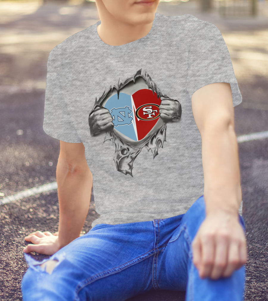 49Ers Tar Heels San Francisco UNC Heart Torn Fabric T-Shirt