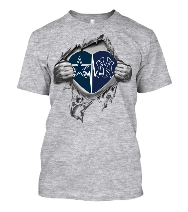 Cowboys Yankees Heart Icon Logos Ripped Metal T-Shirt