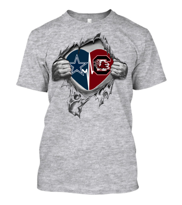 Cowboys Gamecocks Heart Design With Dallas Star And Gamecock Emblem T-Shirt