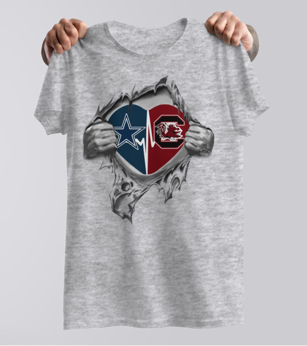 Cowboys Gamecocks Heart Design With Dallas Star And Gamecock Emblem T-Shirt