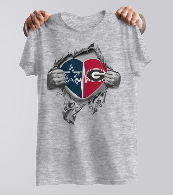 Cowboys Georgia Bulldogs Heartbeat Dual Logo Fan Love T-Shirt