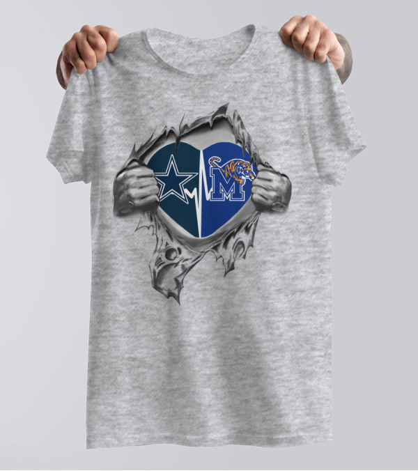 Cowboys Heart Memphis Tigers Logo Fusion T-Shirt