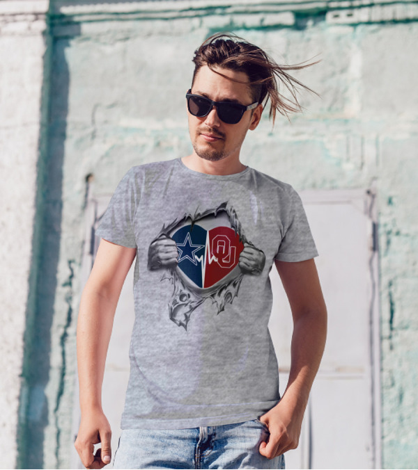 Cowboys Sooners Star And OU Heart Torn Hands T-Shirt