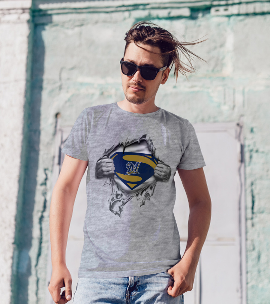 Brewers Super Man Logo M Symbol Tear Blue Gold T-Shirt