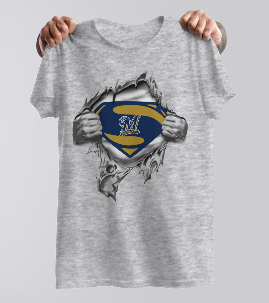 Brewers Super Man Logo M Symbol Tear Blue Gold T-Shirt