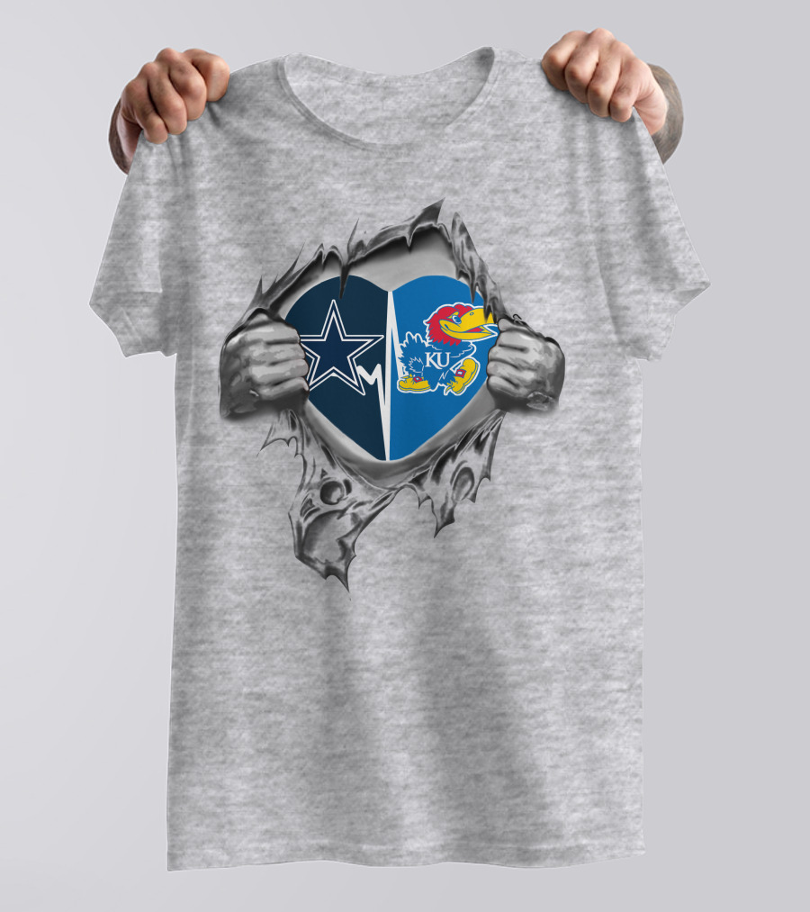Dallas Cowboys And Kansas Jayhawks Heart Logo Combination T-Shirt