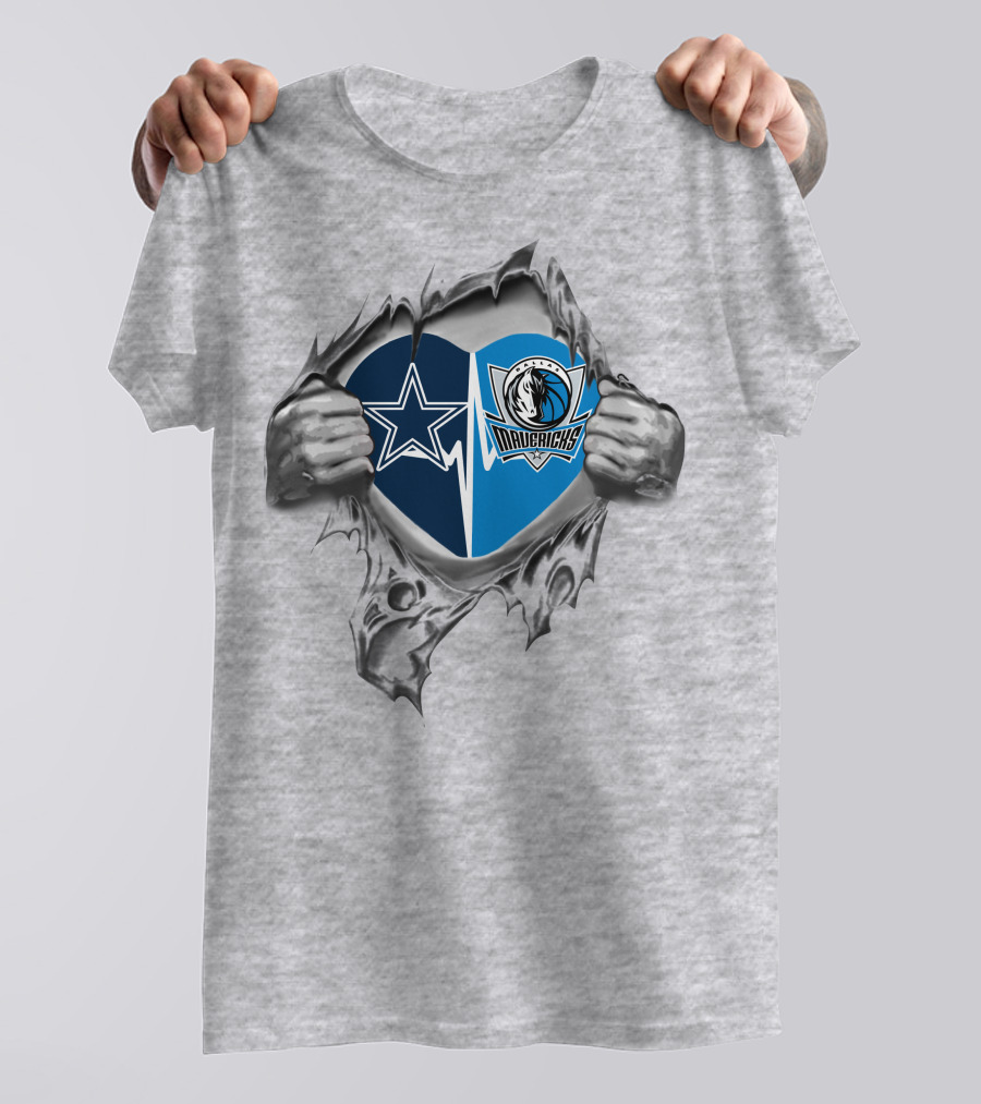 Cowboys Mavericks Heart Design With Split Logos And Torn Hands T-Shirt