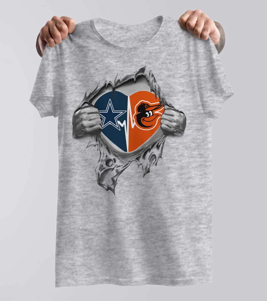 Cowboys Star Orioles Bird Heart Logo With Hands Tearing Fabric T-Shirt