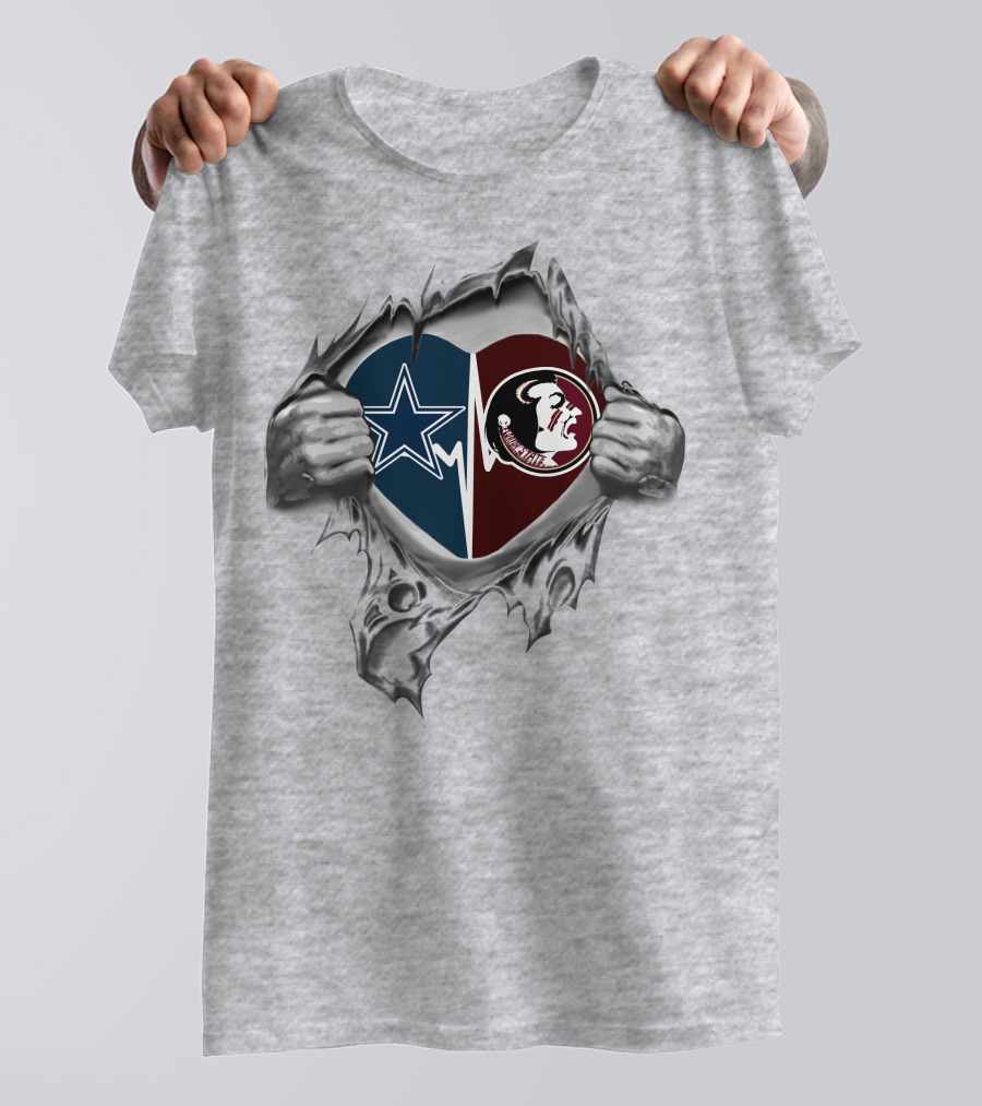 Cowboys Seminoles Heart Star Logo Torn Fabric T-Shirt